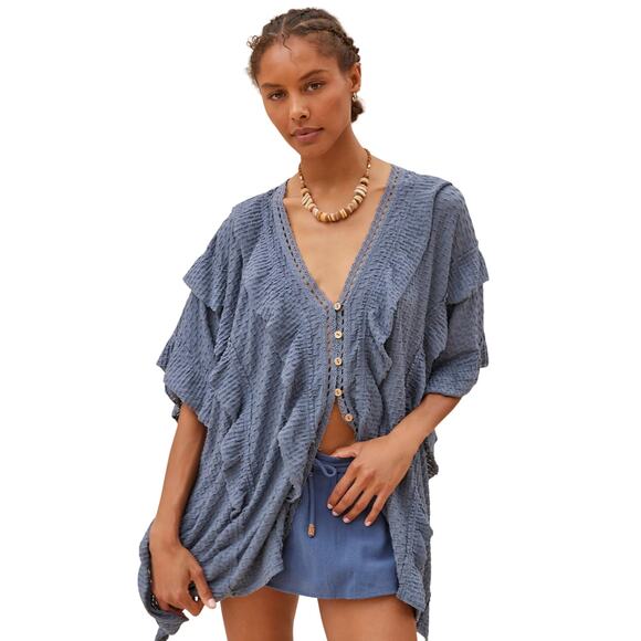 Free People Beach Size M/L Flora Tunic Ruffle button front V-neck Blue NWT - Picture 1 of 7